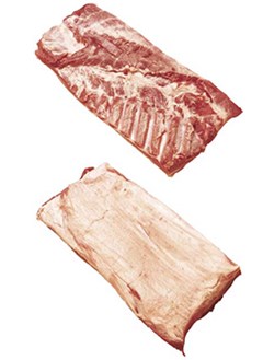 Pork belly, boneless and rindless. Single ribbed. Width: 220 mm +/- 20 mm.Length: Max 540 mm measured from the lowest point at the front. Fat trimmed to max 7 mm sides angled.