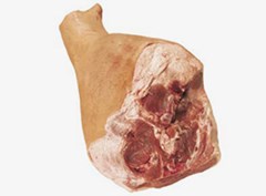 Pork leg, boneless, rind on, round cut through the point where tail bone and aitch bone meet. Without tail fat, flank meat and flank fat. Selected or standard.